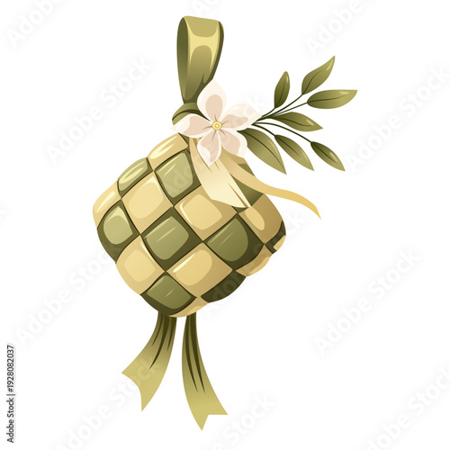 Hanging Ketupat with Jasmine Flower Eid Decoration Illustration On White Background