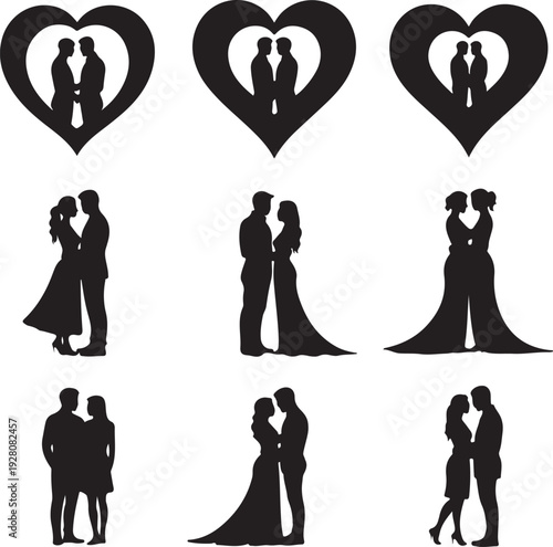 Romantic Couple Heart Silhouette Collection – Love, Wedding & Valentine Vector Icons Set
