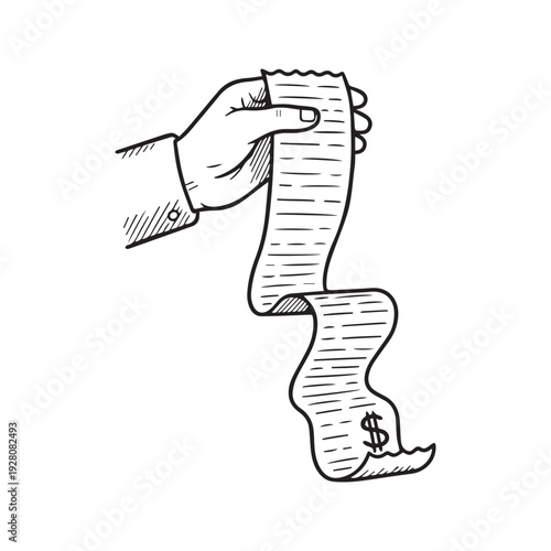 Hand drawn doodle sketch of a hand holding a very long receipt bill with dollar sign
