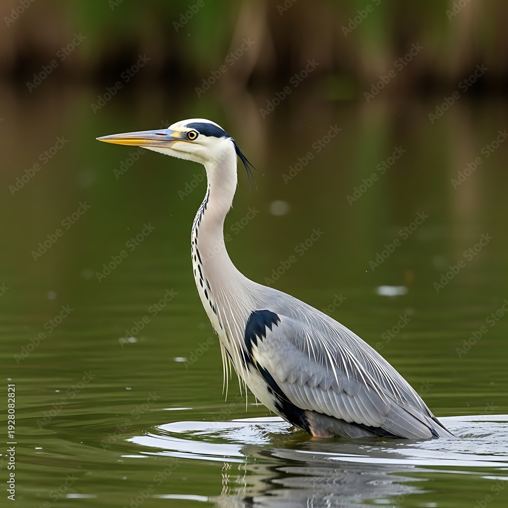 Fototapeta premium Grey heron wading in shallow water, focused and alert.