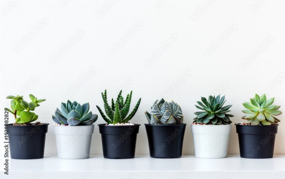 Fototapeta premium A row of various succulents in black and white pots against a plain white wall