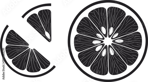 Orange slice silhouette vector illustration, citrus fruit cross section isolated black icon design