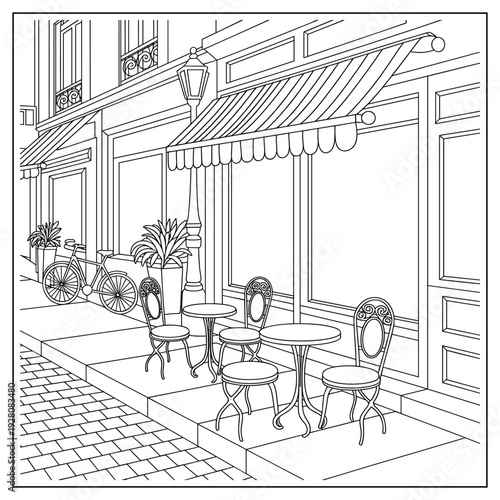 Parisian Cafe Scene with Bicycle and Outdoor Seating Line Art Stock Illustration