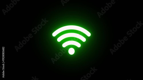 Neon shiny green color icon animation without internet connection, no wifi animation. Disconnected sign.