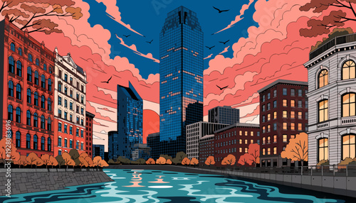 Urban riverfront cityscape with historic buildings contrasting modern towering skyscraper at dramatic sunset minneapolis skyline vector