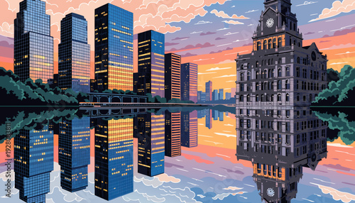 Pixel Art Cityscape Reflecting Modern Skyscrapers and Historic Architecture at Sunset Over Calm Water minneapolis skyline vector