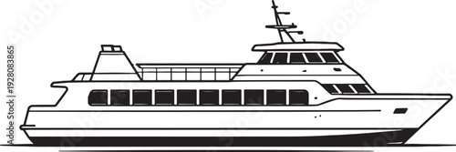 Ferry Boat Black and White Line Art Coastal Passenger Transport Vessel.eps