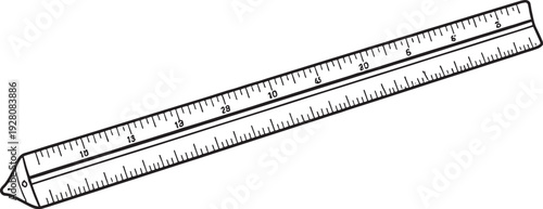 Engineering Scale Ruler Top View Black and White Line Art Drafting Instrument.eps