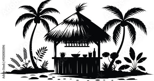 Tropical beach hut with palm trees and bottles island summer vacation vector illustration