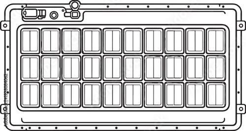 Electric Car Battery Pack Module Black and White Line Art Top View Energy Storage Illustration.eps