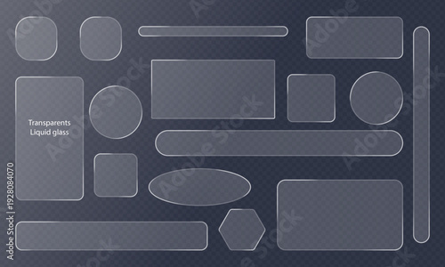Set of transparent liquid glass shapes user interface elements . Modern translucent web elements with soft blur effect including circles, squares, rectangles, and rounded designs on dark background. 