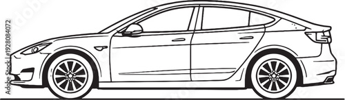 Electric Sedan Car Black and White Line Art Modern EV Vehicle Illustration.eps