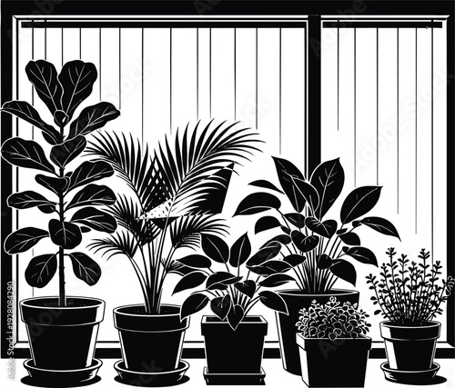 Black and white silhouette of various indoor potted house plants on a window sill with blinds, minimalist interior garden decoration, botanical line art illustration