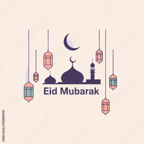 Eid mubarak illustration featuring a crescent moon mosque and hanging lanterns high quality professional detailed modern