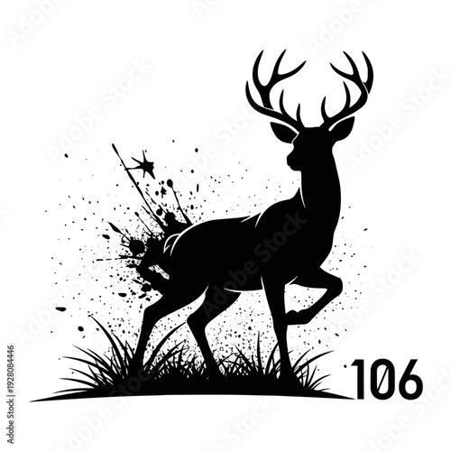 A black silhouette of a deer with antlers standing in a field