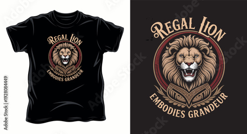 Regal lion emblem embodies grandeur slogan, majestic t-shirt design print illustration
