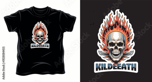 Fiery skull with crossed bones and text kildeeath, vintage t-shirt design concept print illustration