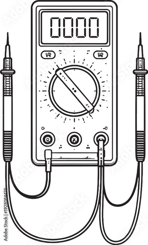 Digital Multimeter Device Front View Black and White Line Art Electrical Measurement Tool.eps
