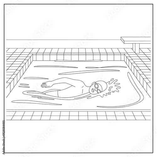 Person swimming freestyle stroke in tiled swimming pool outlined illustration