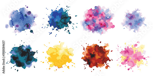 Set of colorful abstract watercolor splashes and ink splatters with vibrant paint drips for creative design vector illustration