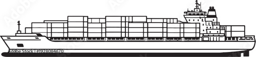 Cargo Container Ship Black and White Line Art Side View Maritime Transport Vessel.eps