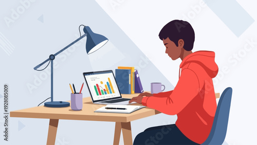 Young person studying and working on a laptop at a desk.