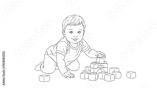A cute baby is playing with building blocks.