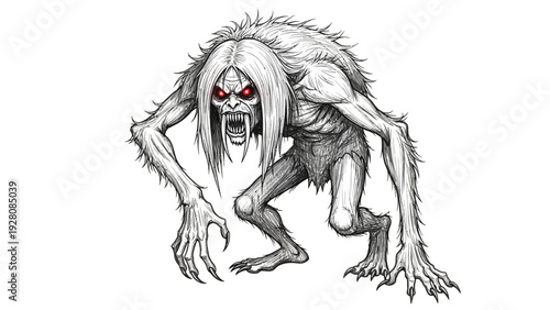 Scary monster with long hair and red eyes