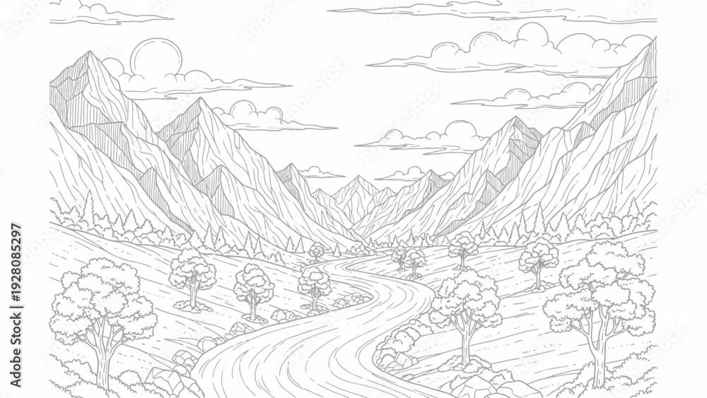 Obraz premium Serene Mountain Valley with Flowing River Line Art for Coloring
