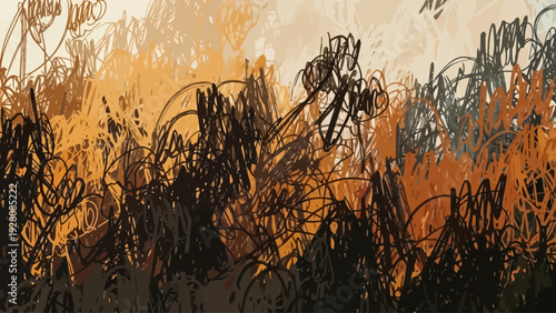 Abstract scribbled lines in dark orange and black tones