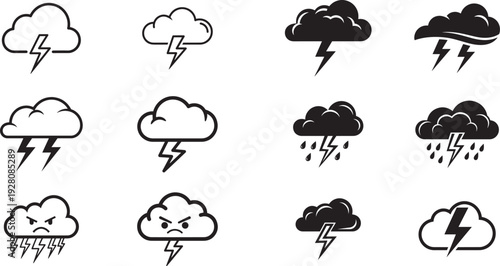 Thunderstorm Weather Icons Set – Cloud and Lightning Bolt Vector Illustration Collection.