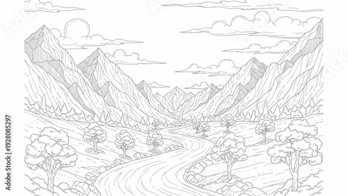 Serene Mountain Valley with Flowing River Line Art for Coloring