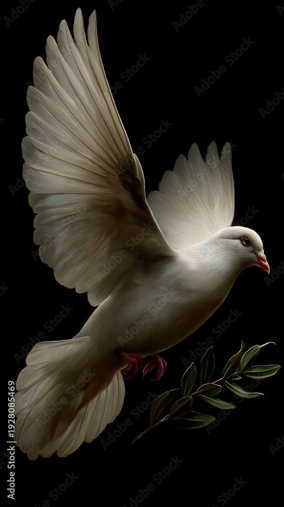 Obraz premium detailed illustration of white dove flying with olive branch isolated on black background wings spread concept of peace symbol religion and humanitarian values