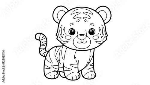 Adorable tiger cub line art illustration for children's coloring books.