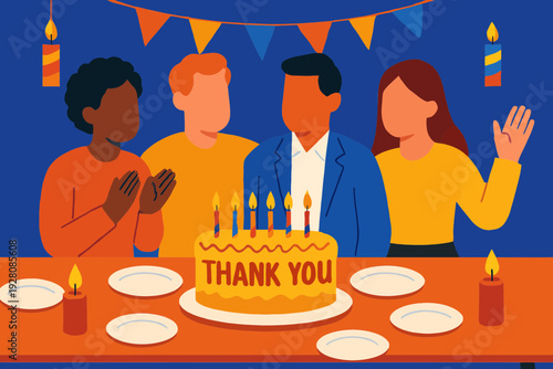 Flat vector scene of office party table with thank-you cake, candles, plates, team around
