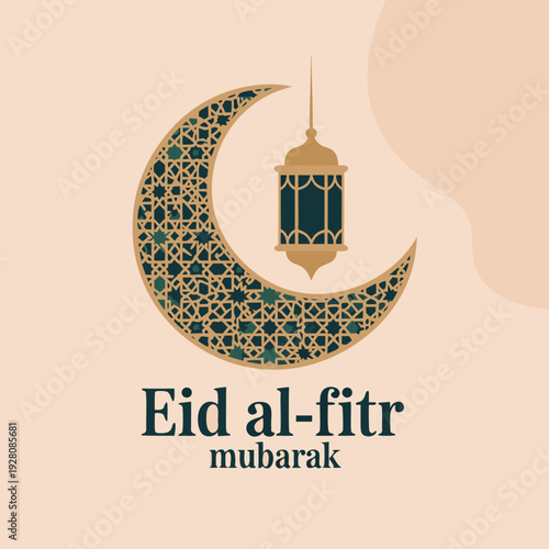 An eid al fitr mubarak illustration featuring a crescent moon and ornate hanging lantern high quality