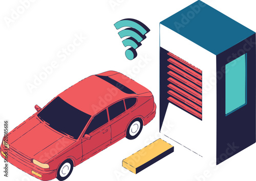 Isometric autonomous toll gate scanning vehicle line art vector illustration smart highway payment technology concept
