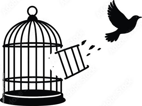 Freedom concept with bird flying out of open cage vector illustration for liberation