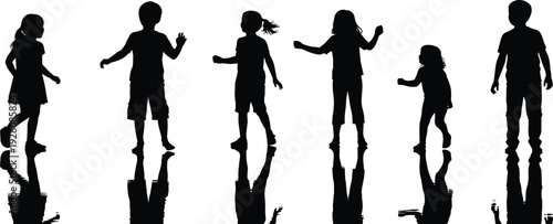 Black silhouettes of children jumping on white background kids
