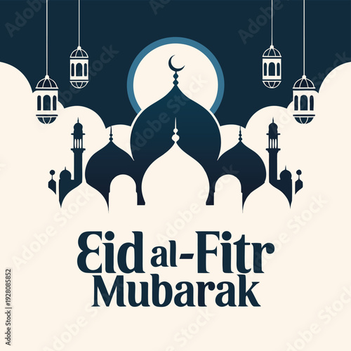 A stylized eid al fitr mubarak graphic featuring a mosque silhouette and crescent moon high quality