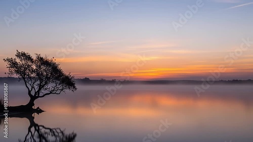 Silhouette of tree at lakeside with colorful sunrise reflected in still water