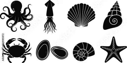 Marine animal silhouette vector illustration, ocean creatures design, crab octopus squid starfish shells art, black sea life decorative concept