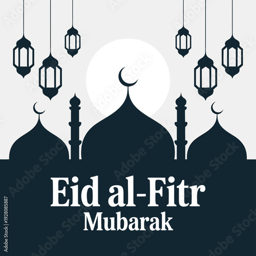 Eid al fitr mubarak greeting featuring a crescent moon mosque and hanging lanterns high quality professional