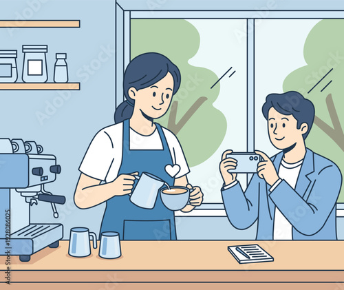 Young woman barista serving coffee to male client in coffee shop. Customer recording video or taking picture of latte art. Social media influencer and food blogging concept. Flat vector illustration.