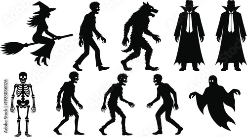 Black Halloween monster silhouettes set featuring witch on broom, spooky skeleton, creepy zombies, hairy werewolf, elegant vampires, and floating ghost isolated on white background