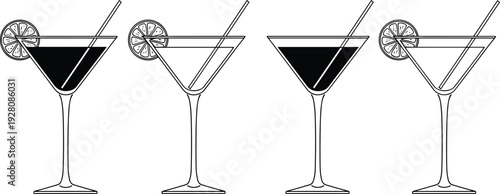 Martini glass silhouette set, cocktail with lime slice and straw, alcohol beverage icons, bar menu graphics, nightlife, party, drink.