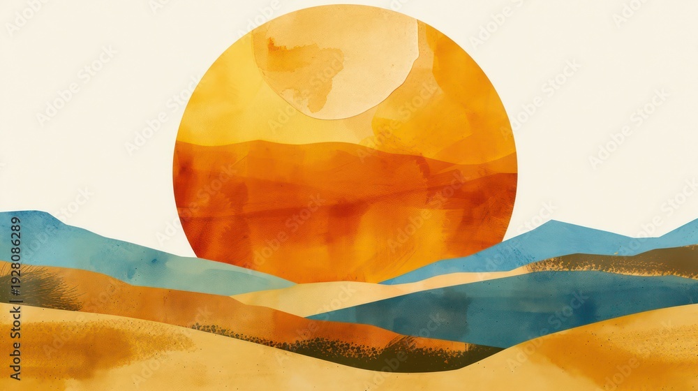 custom made wallpaper toronto digitalA vibrant watercolor landscape featuring a large orange sun setting over rolling hills and mountains