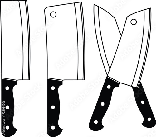 Meat cleaver knife set, butcher tool silhouette, kitchen cutlery for cooking, restaurant chef equipment, sharp blade, meat cutting, butchery, culinary.