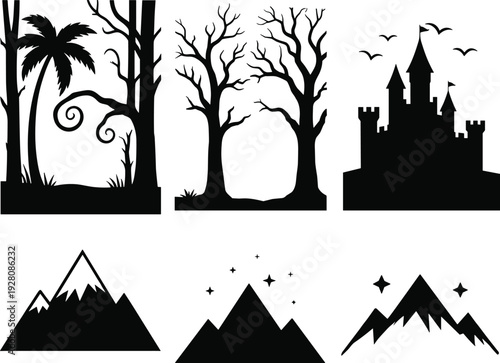 Black silhouette collection featuring mystical forest trees fairy tale castle spooky jungle woods and mountain peaks for creative graphic design projects