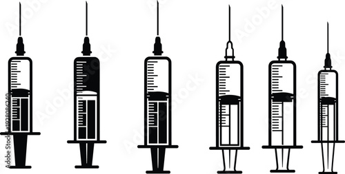 Medical syringe icons set vector illustration, vaccine injection silhouettes for healthcare, clinical needle symbols for laboratory and hospital treatment design,
